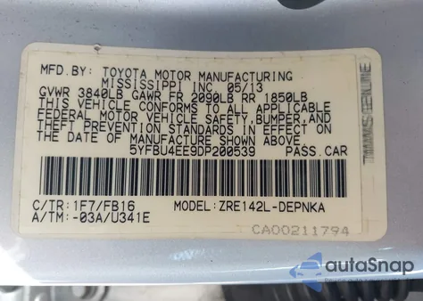 2013 Toyota Corolla Le from USA, damaged, VIN 5YFBU4EE9DP200539